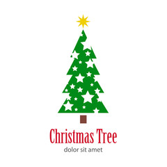 Logotipo Christmas Tree con árbol abstracto varias ramas y estrellas