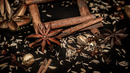 various aromatic spices and herbs on black background. star anise, cloves, cardamom, cinnamon stick