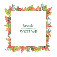 Funny watercolor forest frame. Hand painted forest elements ideal for invitations and postcards