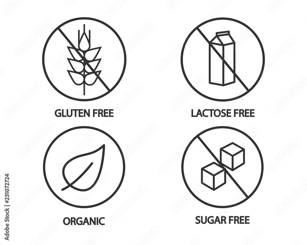 Wall mural Food icon - gluten free, lactose free, organic and sugar free icons. Black and white illustration