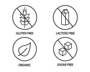 Food icon - gluten free, lactose free, organic and sugar free icons. Black and white illustration