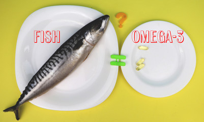 Oily fish mackerel and (or) food supplement omega-3 in capsules. Concept of choice