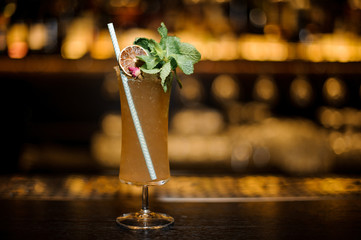 Sherry Cobbler decorated with dried lemon, mint branch and tubule