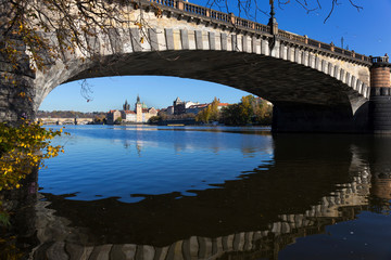 Colorful autumn Prague Old Town above River Vltava, Czech Republic