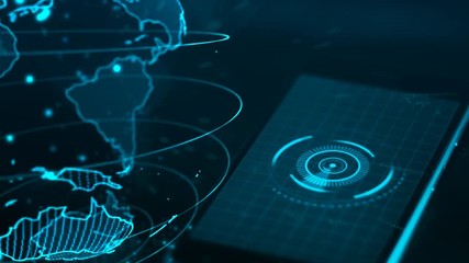 Phone hologram hud projection. Phone connection to global digital network - Powered by Adobe
