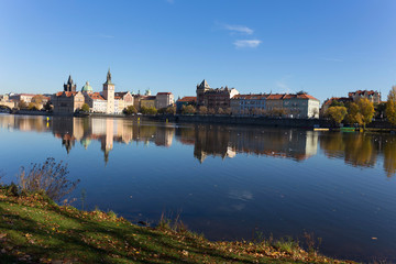 Colorful autumn Prague Old Town above River Vltava, Czech Republic