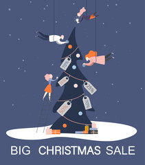 Fototapeta na wymiar Big Christmas sale poster with Christmas tree decorated with discount tags and people.