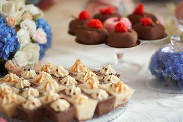 Wedding candy bar service. Delicious macaroons, cookies, pieces of cake and other sweets with chocolate, berries and cream served on the dinner table