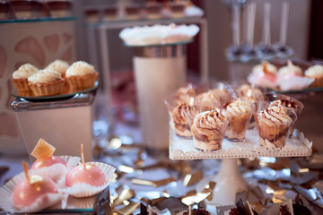 Wedding candy bar service. Delicious macaroons, cookies, pieces of cake and other sweets with chocolate, berries and cream served on the dinner table