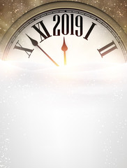 Obraz na płótnie Canvas Gold 2019 New Year background with clock. Greeting card.