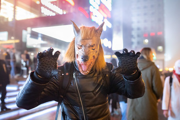 MINSK, BELARUS - OCTOBER 31 2018:man in a scary mask while celebrating Halloween