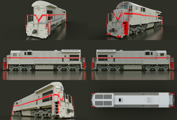 Modern gray diesel railway locomotive with great power and strength for moving long and heavy railroad train. 3d rendering.