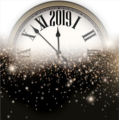 Fototapeta na wymiar Shiny 2019 New Year background with clock. Greeting card.