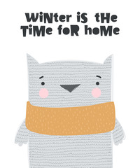 Vector poster with cute winter owl in cozy clothes and slogan
