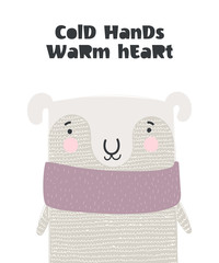 Vector poster with cute winter sheep in cozy clothes and slogan