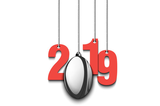 2019 New Year and rugby ball hanging on strings