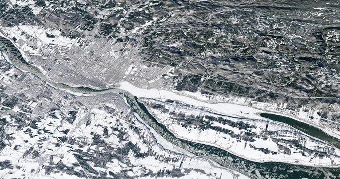 Very high-altitude circular tracking shot of Quebec City, Canada. Reversible, seamless loop. Elements of this image furnished by NASA