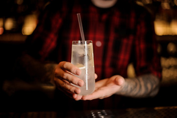 Bartender serving a Tom Collins cocktail in the glass decorated with tubule