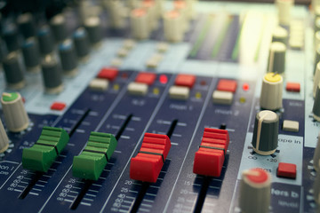 Control panel of mixing console in closeup
