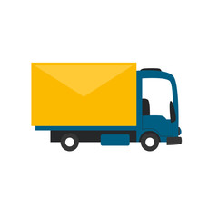 Truck carries a letter, the postman. Flat style vector illustration.