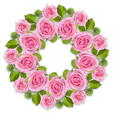 Rond frame Wreath made of pink roses isolated on white background