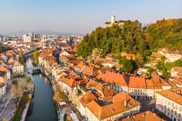 Aerial panoramic view of Ljubljana, capital of Slovenia in warm afternoon sun.