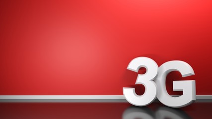 The write 3G in white 3D letters, standing on the black glossy floor of a room, leaning at its red wall - 3D rendering illustration