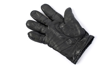 Black leather glove on white background.