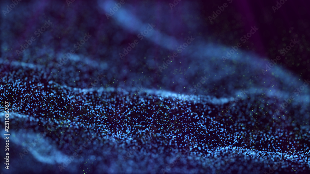 Poster wave glow. wave of particles. wave 3d. 3d rendering. futuristic green dots background with a dynamic