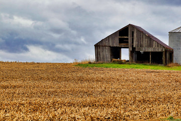 Dilapidated barn and silo