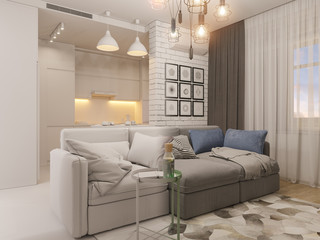 3d illustration living room and kitchen interior design. Modern