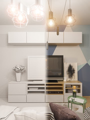 3d illustration living room interior design. Modern studio apartaments