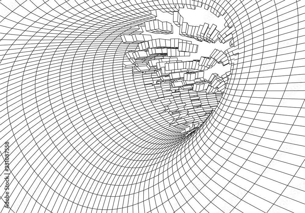 Poster tunnel or wormhole. digital 3d wireframe tunnel. 3d tunnel grid. network cyber technology. surrealis