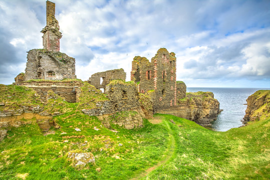 Scottish fortress of Castle Sinclair Girnigoe, the most spectacular ruin in the North of Scotland, in the Highlands near Wick on the east coast of Caithness.