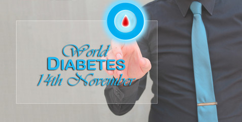 man hand pointing finger on blue circle with blood drop, diabetes awareness day