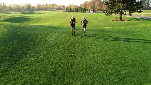 The father and a son running on the grass in a park