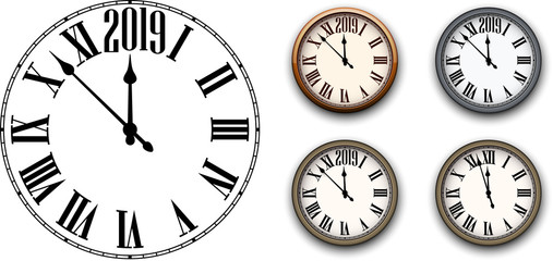 Round 2019 New Year clock isolated on white.