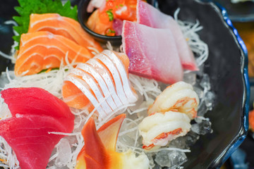 Mixed sashimi, big sashimi plate,Sashimi set, raw fish, japanese food in Asian restuarant