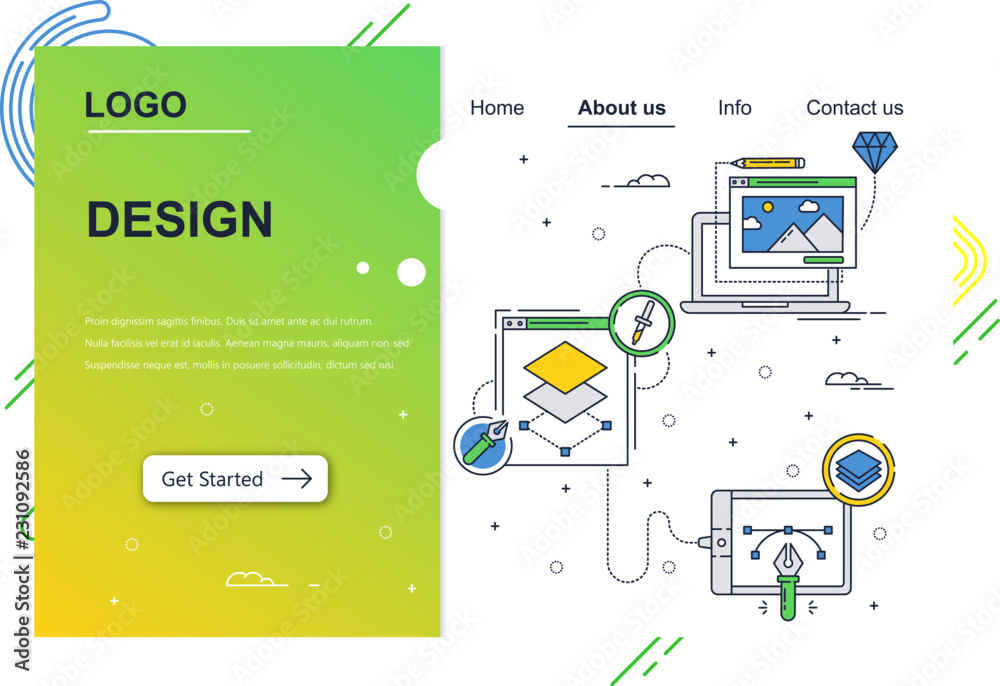 Wall mural vector web site linear art design template. graphic art, drawing tablet and software . landing page 