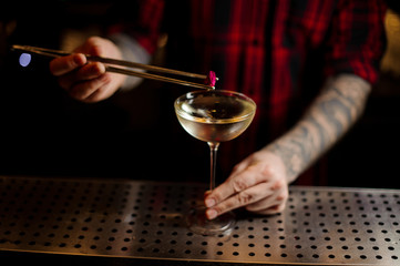 Bartender adding to a Twinkle cocktail decor of one berry