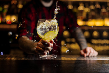 Bartender making splash of a delicious Gin Tonic cocktail with lime slices © fesenko