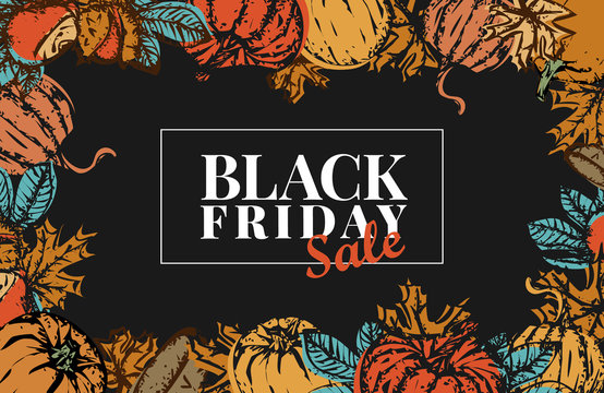 Black friday sale banner with fall elements. Chestnut tree and maple tree leaves and pumpkin. Autumn hand drawn elements.