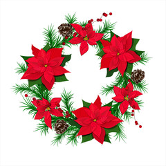 traditional green christmas fir wreath with pointsettia flowers, cones and red berries isolated.