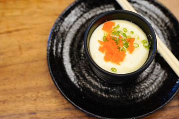 Steamed eggs, Egg custard dish, Chawanmushi in Japanese topped with eggs shrimp.