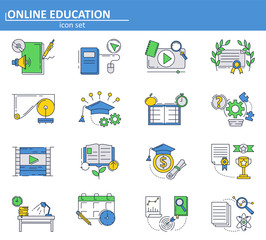 Vector set of Online education icons in thin line style. School and college online tutorials and courses. E-learning. Website UI and mobile web app icon. Outline design illustration.
