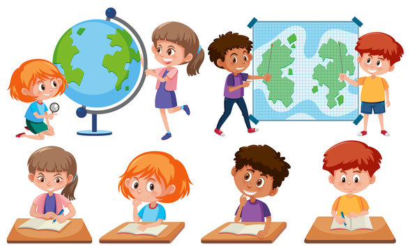Children with learning tools on white background