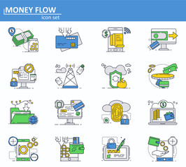 Vector set of online money payments and finance saving icons in thin line style. Secure internet credit card transaction. Website UI and mobile web app icon. Outline design illustration.