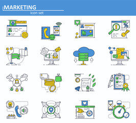 Vector set of digital and social media marketing and advertisement icons in thin line style. Website UI and mobile web app icon. Outline design illustration.
