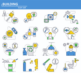 Vector set of construction and building materials icons in thin line style. House utilities, water, gas, electricity. Website UI and mobile web app icon. Outline design illustration.
