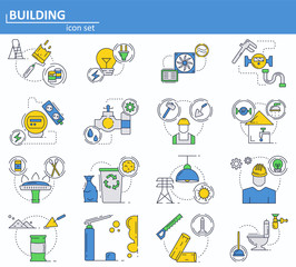 Fototapeta premium Vector set of construction and building materials icons in thin line style. House utilities, water, gas, electricity. Website UI and mobile web app icon. Outline design illustration.